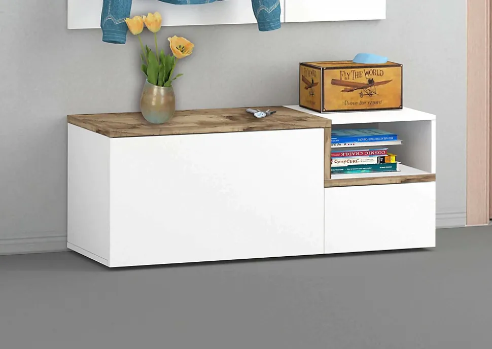 Meuble d'entrée Flavio, entrée multifonction moderne, casier polyvalent pour hall d'entrée, 120x40h54 cm, blanc brillant et érable