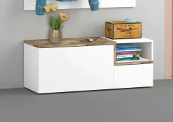 Meuble d'entrée Flavio, entrée multifonction moderne, casier polyvalent pour hall d'entrée, 120x40h54 cm, blanc brillant et érable