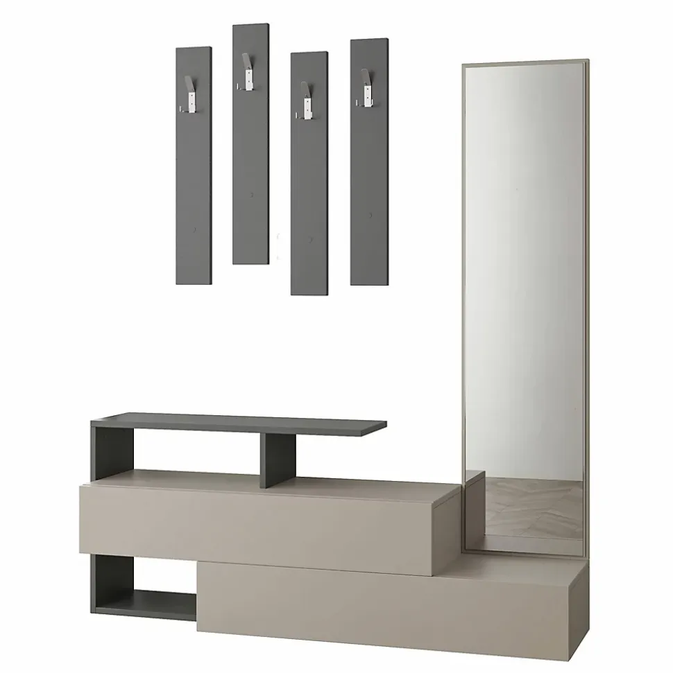 Meuble d'entrée Himalia, Crochet d'entrée, Console de rangement multifonction, 137x35h55 cm, Taupe et Anthracite