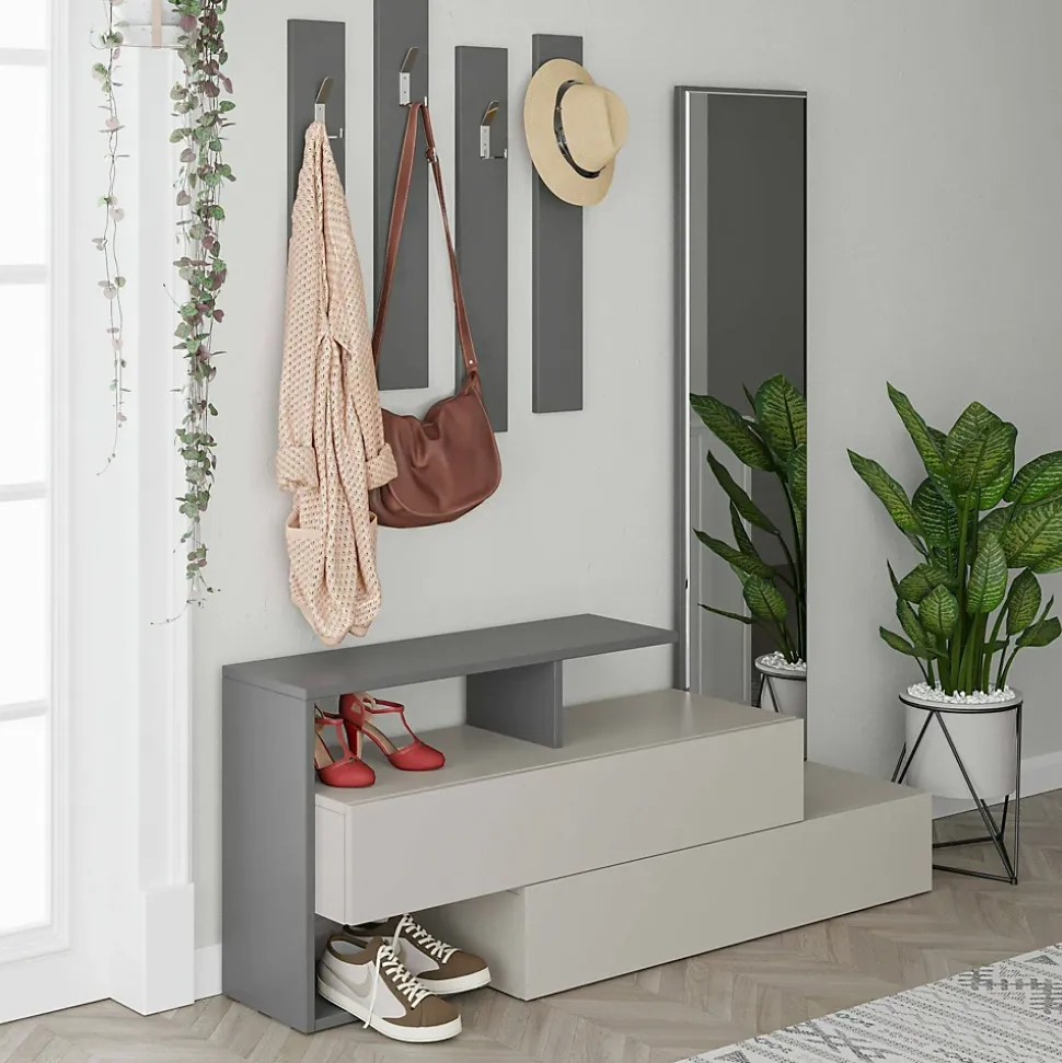 Meuble d'entrée Himalia, Crochet d'entrée, Console de rangement multifonction, 137x35h55 cm, Taupe et Anthracite
