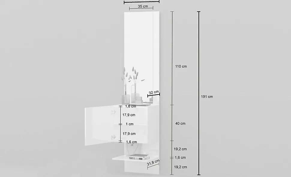 Meuble d'entrée Ivana, Armoire multifonctionnelle avec miroir, Étagère à chaussures avec 1 porte, 45x35h190 cm, Blanc