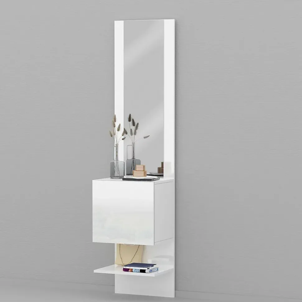 Meuble d'entrée Ivana, Armoire multifonctionnelle avec miroir, Étagère à chaussures avec 1 porte, 45x35h190 cm, Blanc