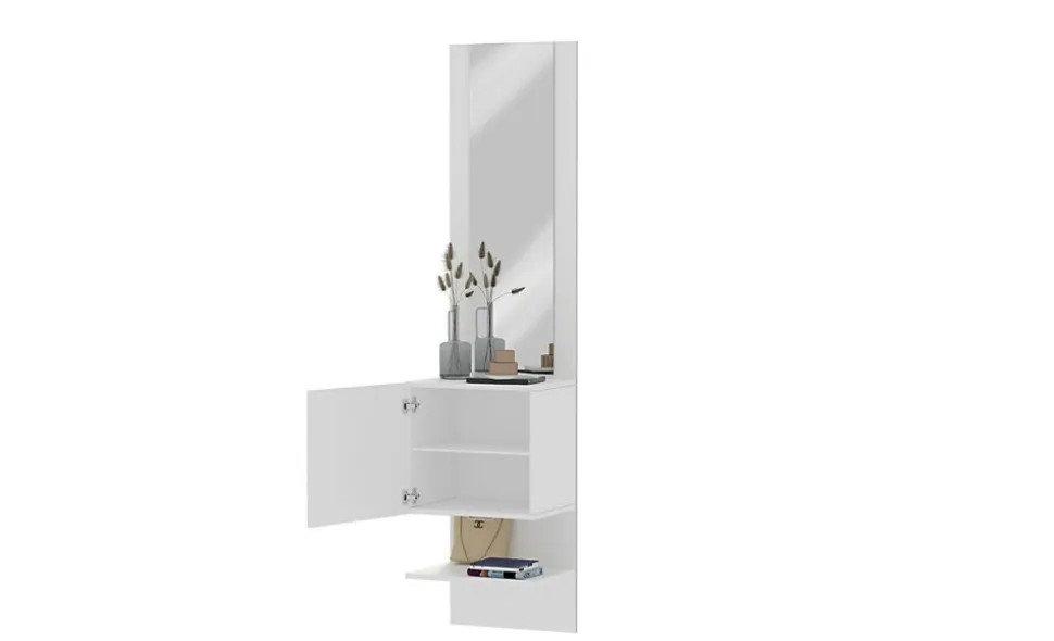 Meuble d'entrée Ivana, Armoire multifonctionnelle avec miroir, Étagère à chaussures avec 1 porte, 45x35h190 cm, Blanc