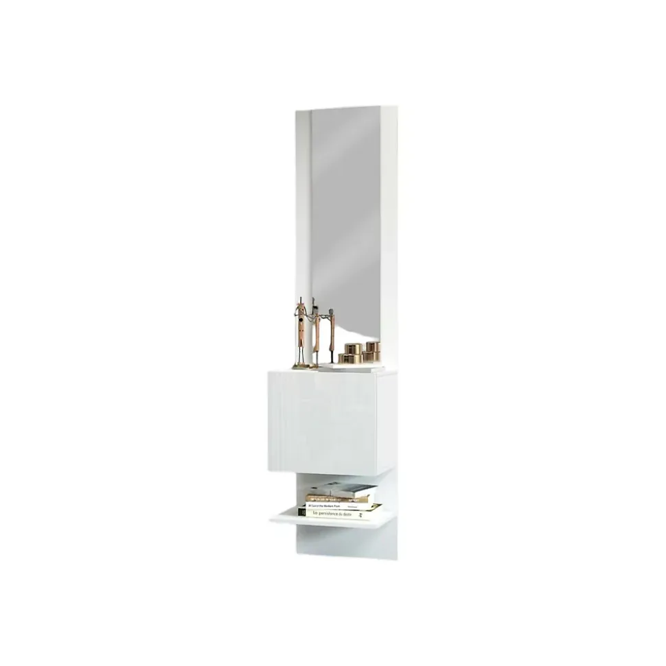 Meuble d'entrée Ivana, Armoire multifonctionnelle avec miroir, Étagère à chaussures avec 1 porte, 45x35h190 cm, Blanc