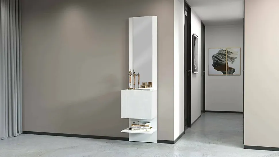Meuble d'entrée Ivana, Armoire multifonctionnelle avec miroir, Étagère à chaussures avec 1 porte, 45x35h190 cm, Blanc