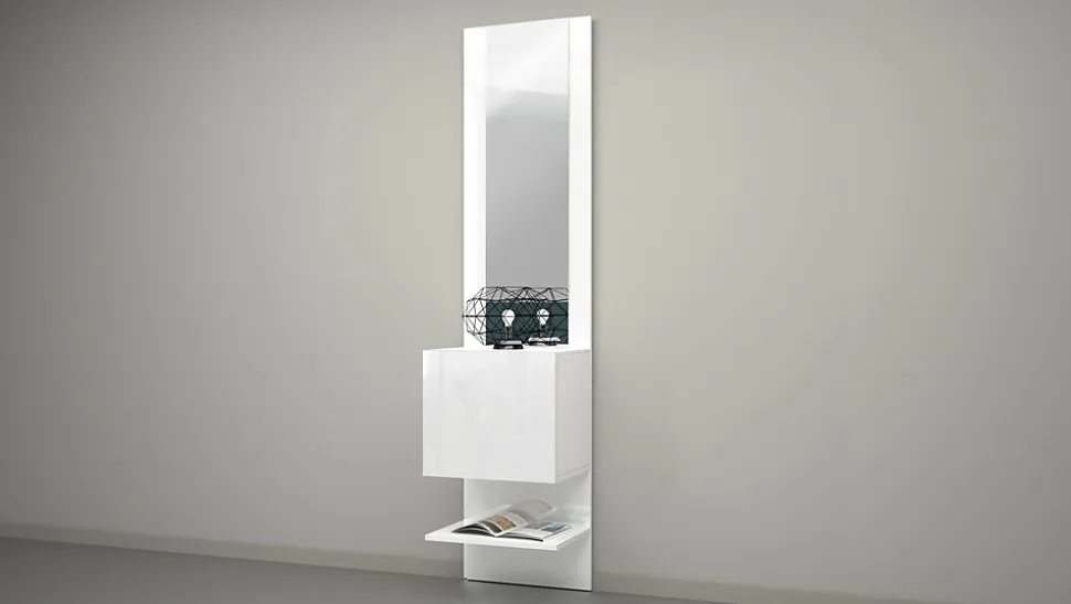 Meuble d'entrée Ivana, Armoire multifonctionnelle avec miroir, Étagère à chaussures avec 1 porte, 45x35h190 cm, Blanc