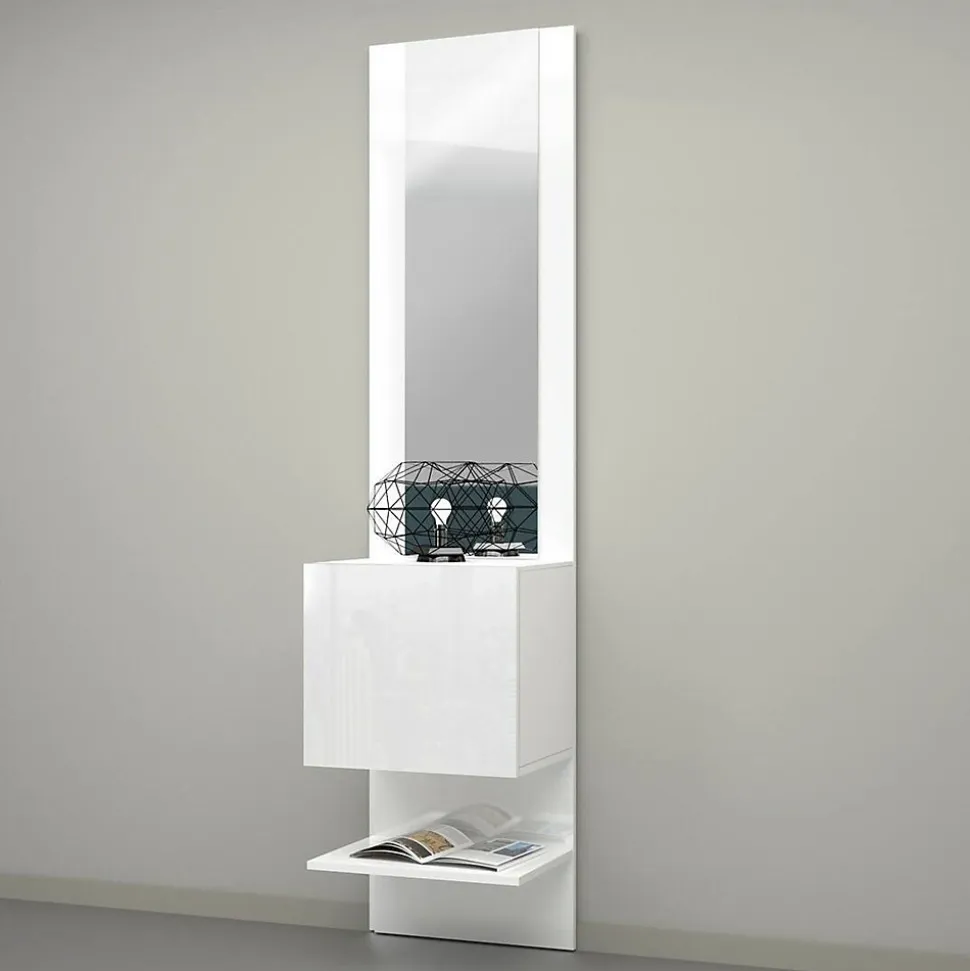 Meuble d'entrée Ivana, Armoire multifonctionnelle avec miroir, Étagère à chaussures avec 1 porte, 45x35h190 cm, Blanc