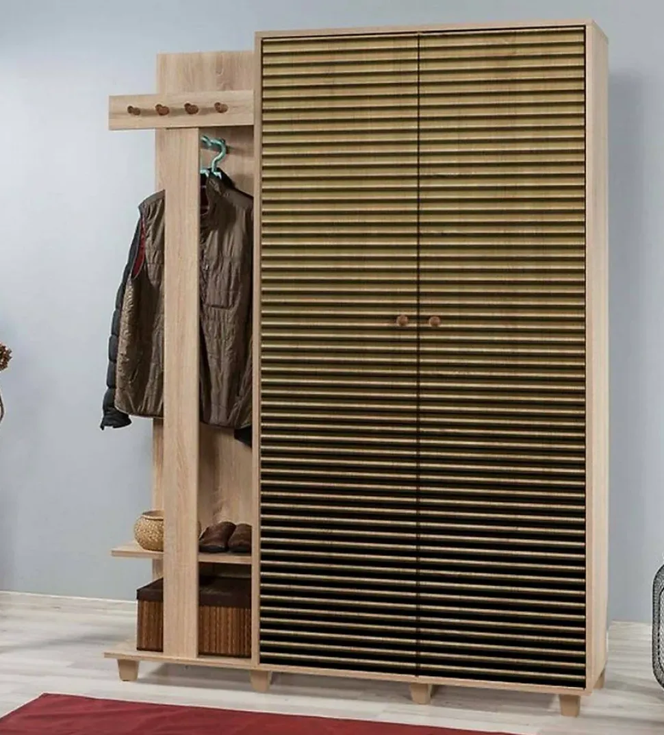 Meuble d'entrée Liana, Crochet d'entrée, Composition pour l'atrium, Console de rangement multifonction, 135x36h194 cm, Chêne
