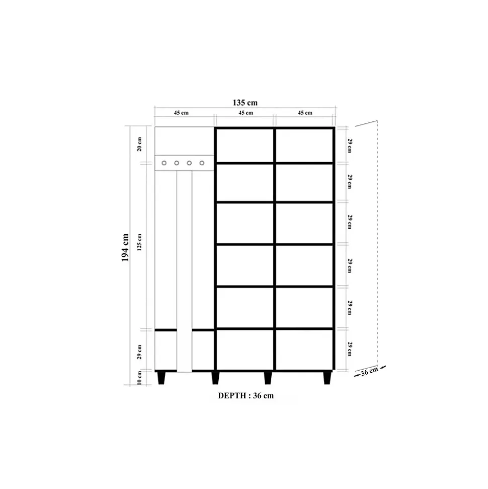 Meuble d'entrée Liana, Crochet d'entrée, Composition pour l'atrium, Console de rangement multifonction, 135x36h194 cm, Chêne