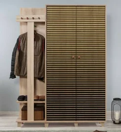 Meuble d'entrée Liana, Crochet d'entrée, Composition pour l'atrium, Console de rangement multifonction, 135x36h194 cm, Chêne