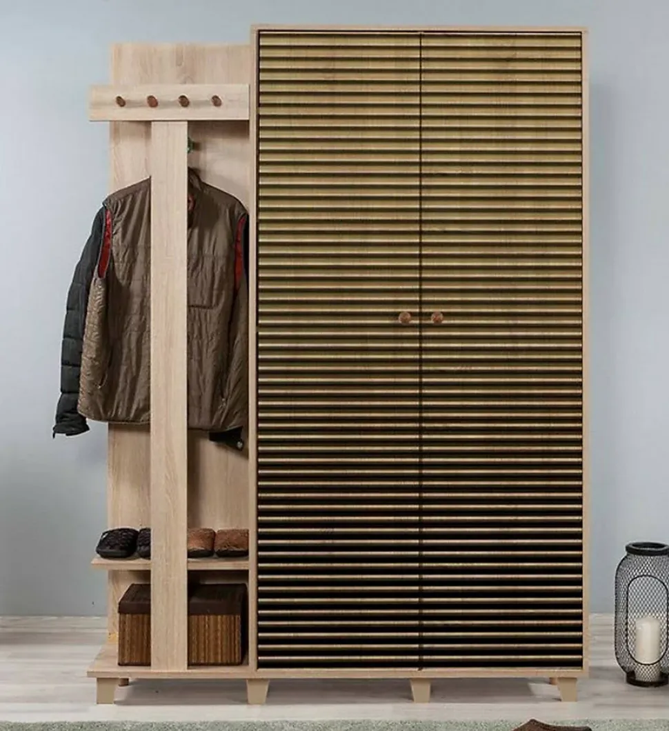 Meuble d'entrée Liana, Crochet d'entrée, Composition pour l'atrium, Console de rangement multifonction, 135x36h194 cm, Chêne