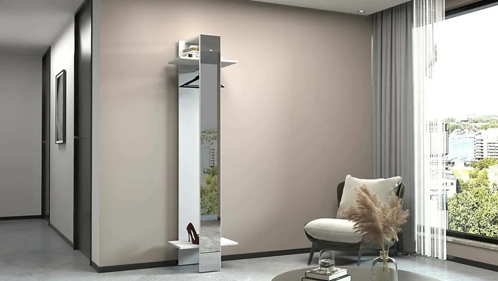 Meuble d'entrée Maura, Armoire multifonctionnelle, Cintre mural avec miroir, 50x35h190 cm, Blanc