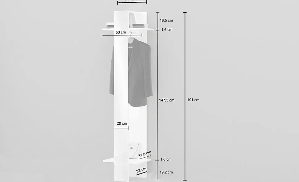 Meuble d'entrée Maura, Armoire multifonctionnelle, Cintre mural avec miroir, 50x35h190 cm, Blanc