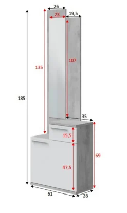 Meuble d'entrée, meuble de rangement coloris gris cendre, blanc brillant - longueur 61 x hauteur 185 x profondeur 28 cm