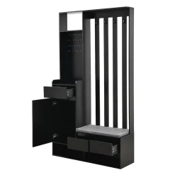 Meuble d'entrée Moderne avec Banc de Rangement et 4 Patères - Portemanteau Multifonction avec Panneau Mural - Noir - 100x35x180 cm