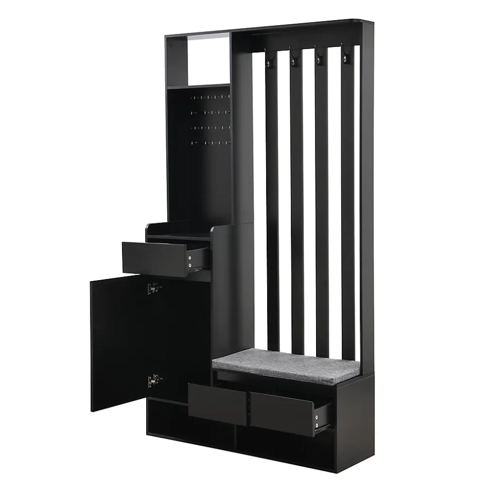 Meuble d'entrée Moderne avec Banc de Rangement et 4 Patères - Portemanteau Multifonction avec Panneau Mural - Noir - 100x35x180 cm