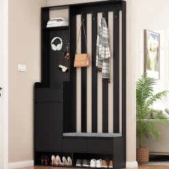 Meuble d'entrée Moderne avec Banc de Rangement et 4 Patères - Portemanteau Multifonction avec Panneau Mural - Noir - 100x35x180 cm