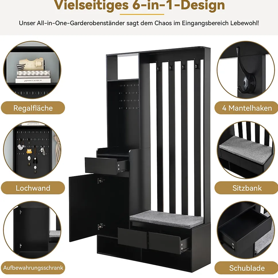 Meuble d'entrée Moderne avec Banc de Rangement et 4 Patères - Portemanteau Multifonction avec Panneau Mural - Noir - 100x35x180 cm