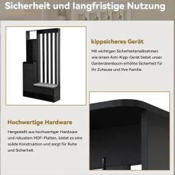 Meuble d'entrée Moderne avec Banc de Rangement et 4 Patères - Portemanteau Multifonction avec Panneau Mural - Noir - 100x35x180 cm