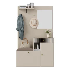 Meuble D'entrée Multifonction 110 Cm - Miroir, Coussin, Rangement Intégré - Beige