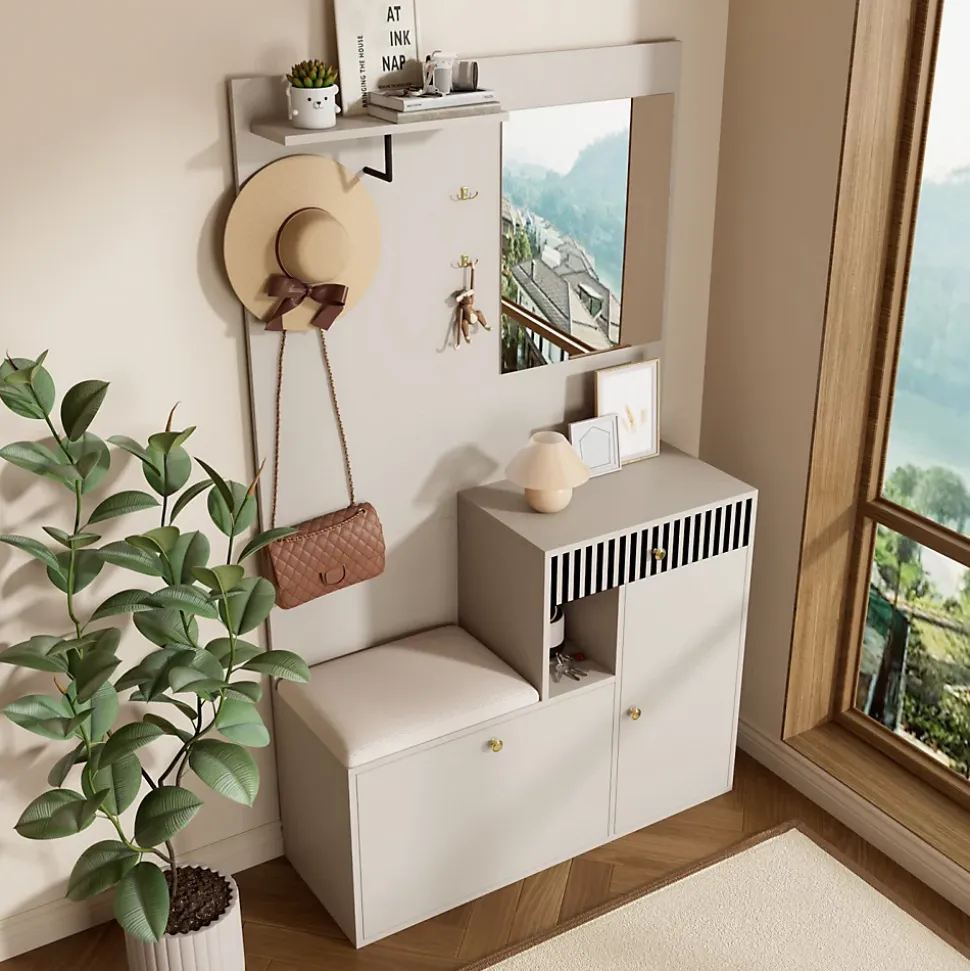 Meuble D'entrée Multifonction 110 Cm - Miroir, Coussin, Rangement Intégré - Beige