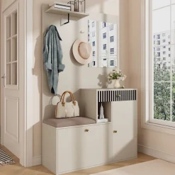 Meuble D'entrée Multifonction 110 Cm - Miroir, Coussin, Rangement Intégré - Beige