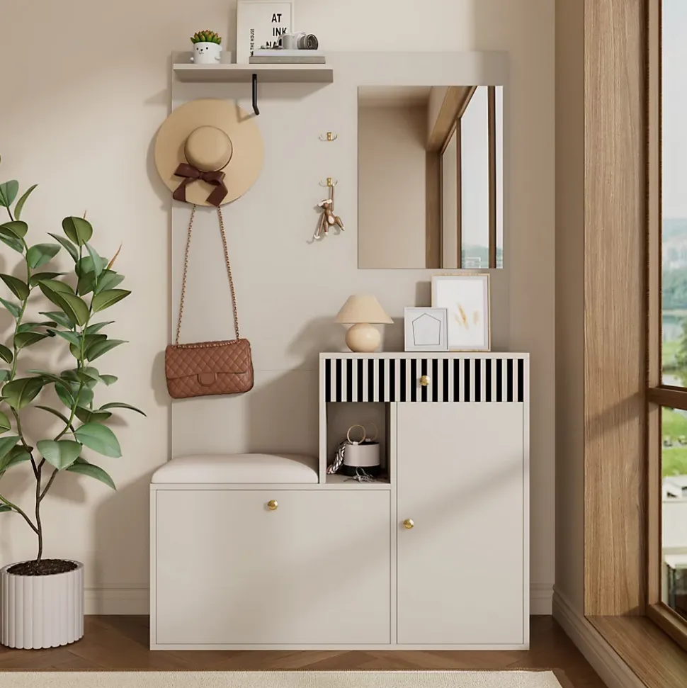 Meuble D'entrée Multifonction 110 Cm - Miroir, Coussin, Rangement Intégré - Beige