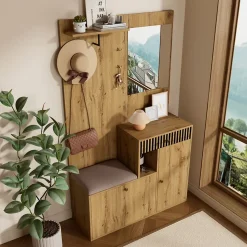 Meuble D'entrée Multifonction 110 Cm - Miroir, Coussin, Rangement Intégré - Brun