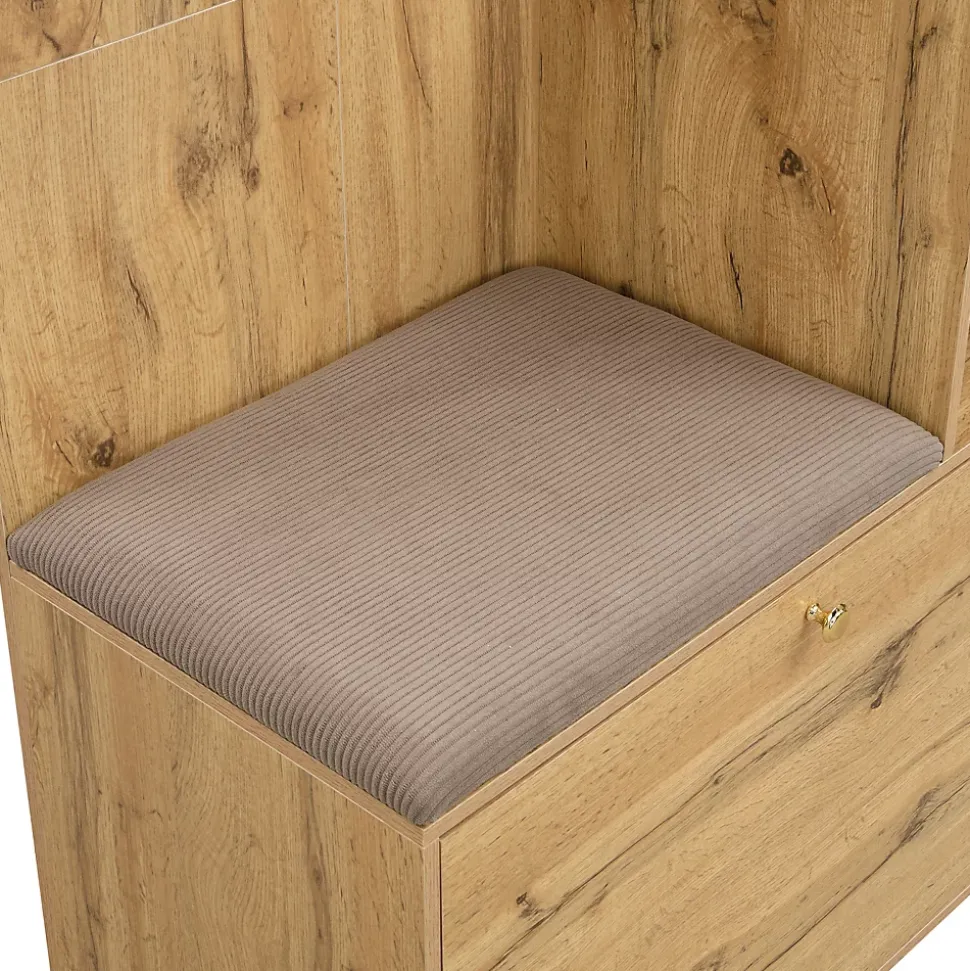 Meuble D'entrée Multifonction 110 Cm - Miroir, Coussin, Rangement Intégré - Brun
