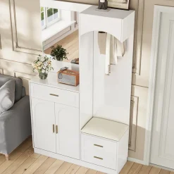 Meuble D'entrée Multifonction - Miroir, Rangement Intégré - Moderne Et Pratique,blanc