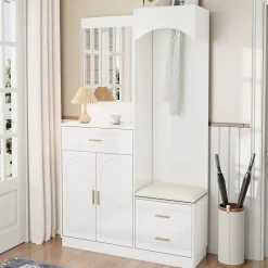Meuble D'entrée Multifonction - Miroir, Rangement Intégré - Moderne Et Pratique,blanc