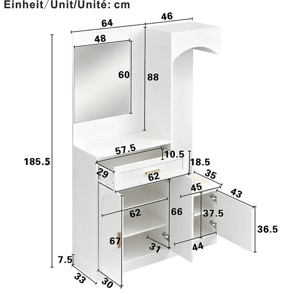 Meuble D'entrée Multifonction - Miroir, Rangement Intégré - Moderne Et Pratique,blanc