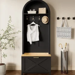 Meuble D'entrée Multifonction,Rangement Chaussures, Manteaux - Mdf Et Pieds Métal,noir