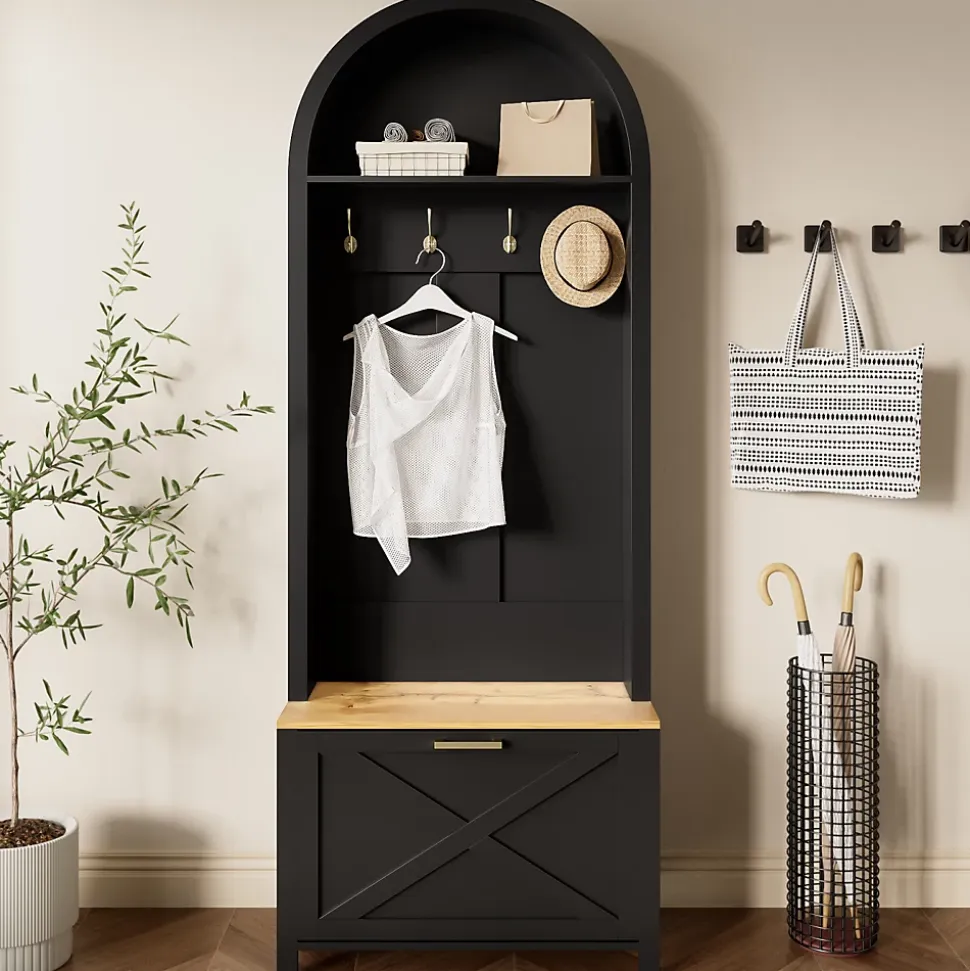 Meuble D'entrée Multifonction,Rangement Chaussures, Manteaux - Mdf Et Pieds Métal,noir