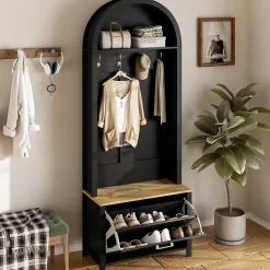 Meuble D'entrée Multifonction,Rangement Chaussures, Manteaux - Mdf Et Pieds Métal,noir