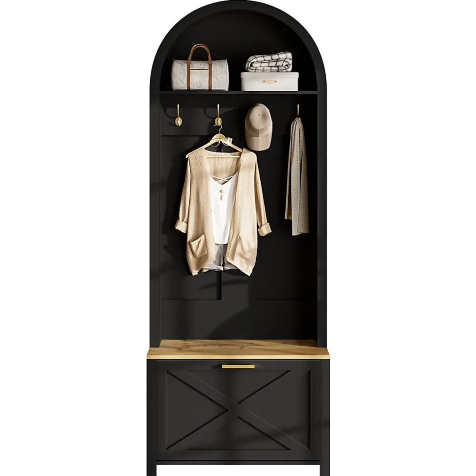 Meuble D'entrée Multifonction,Rangement Chaussures, Manteaux - Mdf Et Pieds Métal,noir