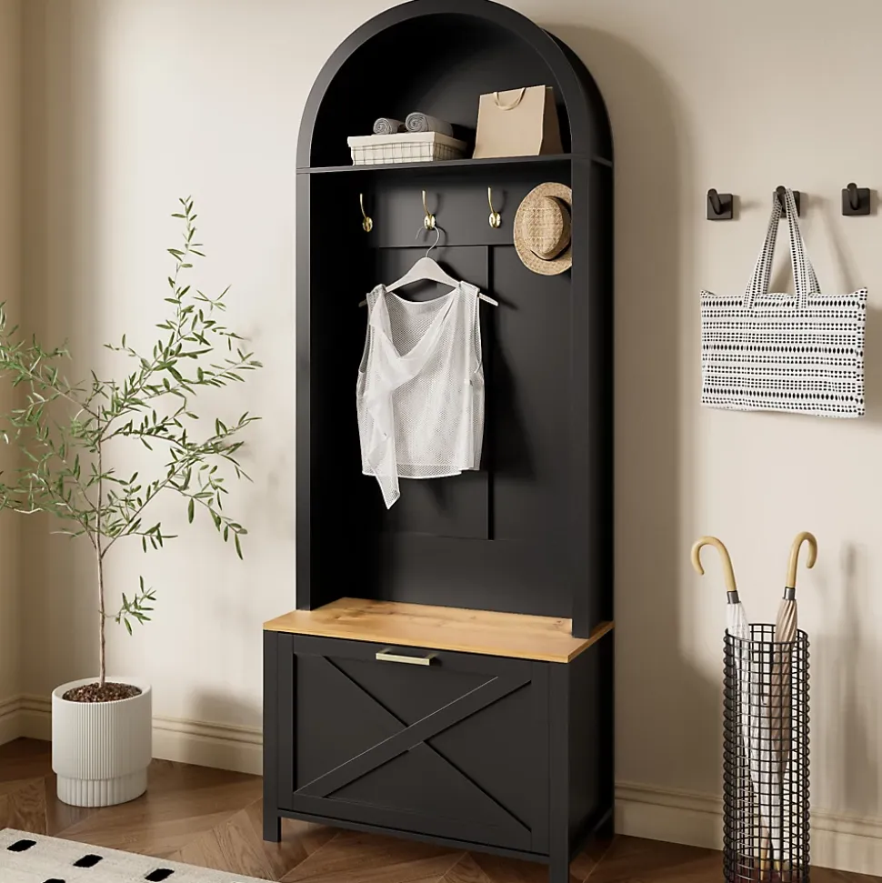 Meuble D'entrée Multifonction,Rangement Chaussures, Manteaux - Mdf Et Pieds Métal,noir