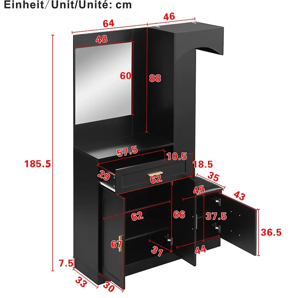Meuble D'entrée Multifonction - Miroir, Rangement Intégré - Moderne Et Pratique,noir