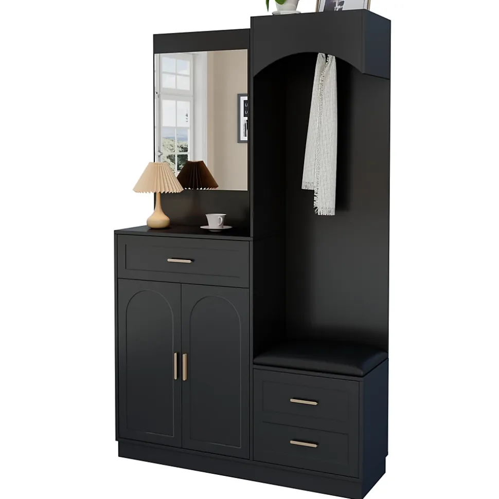Meuble D'entrée Multifonction - Miroir, Rangement Intégré - Moderne Et Pratique,noir