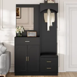 Meuble D'entrée Multifonction - Miroir, Rangement Intégré - Moderne Et Pratique,noir