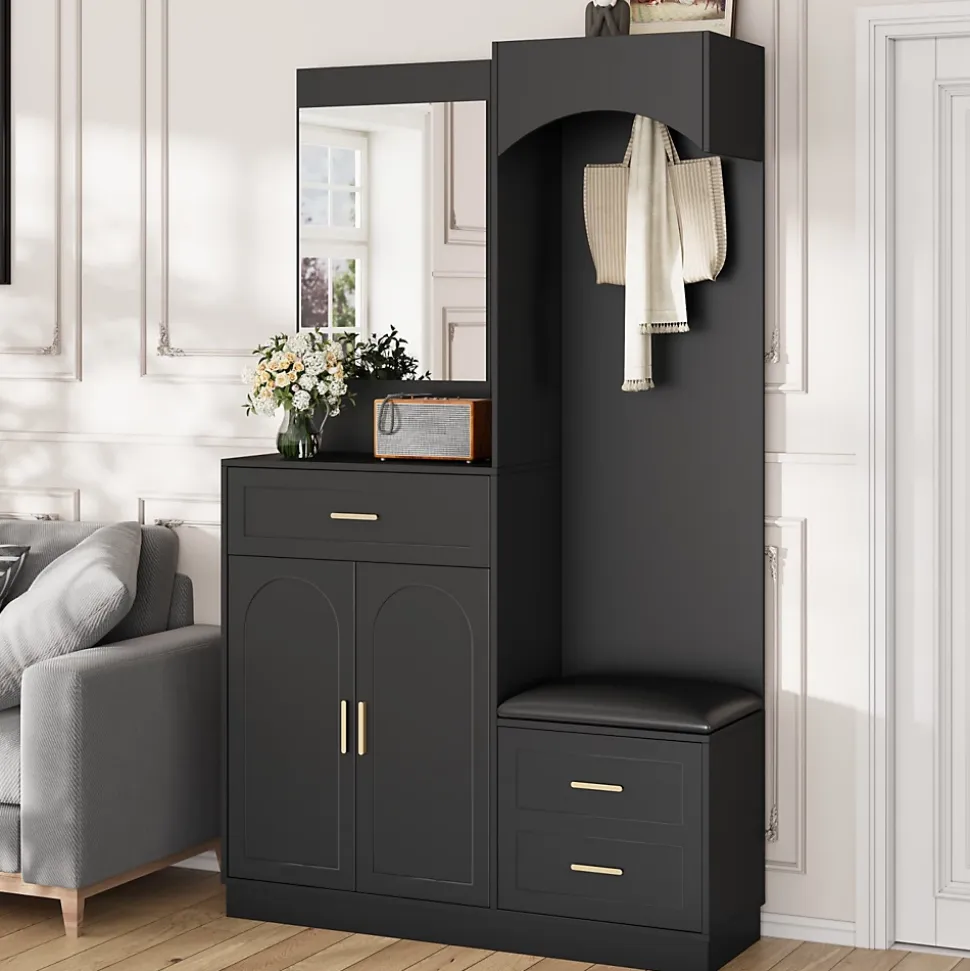 Meuble D'entrée Multifonction - Miroir, Rangement Intégré - Moderne Et Pratique,noir