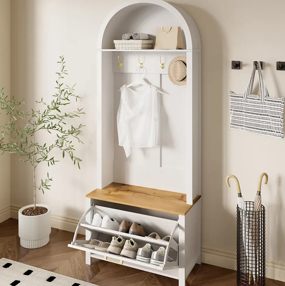 Meuble D'entrée Multifonction , Rangement Chaussures, Manteaux , Mdf Et Pieds Métal,blanc