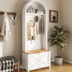 Meuble D'entrée Multifonction , Rangement Chaussures, Manteaux , Mdf Et Pieds Métal,blanc