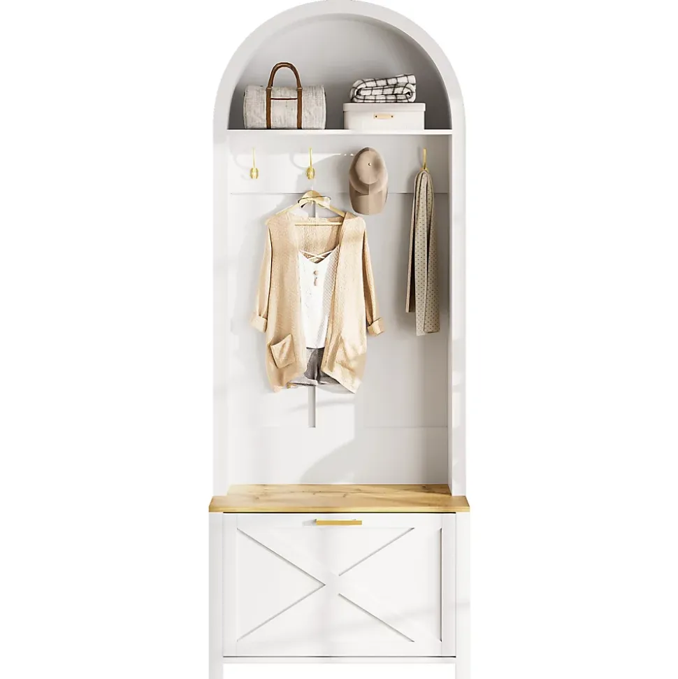 Meuble D'entrée Multifonction , Rangement Chaussures, Manteaux , Mdf Et Pieds Métal,blanc