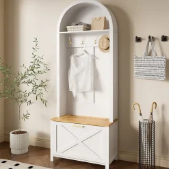 Meuble D'entrée Multifonction , Rangement Chaussures, Manteaux , Mdf Et Pieds Métal,blanc