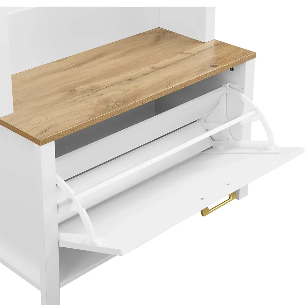 Meuble D'entrée Multifonction , Rangement Chaussures, Manteaux , Mdf Et Pieds Métal,blanc