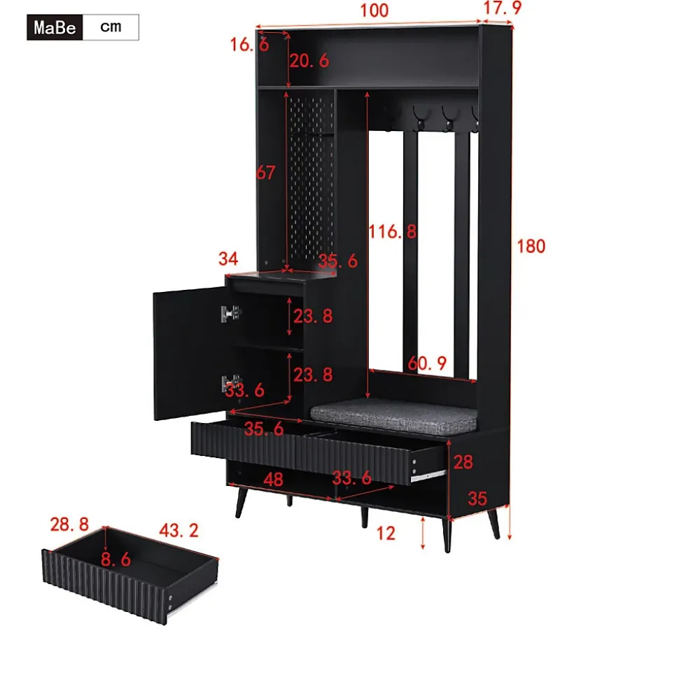 Meuble D'entrée Murale 4-en-1, Banc+tiroirs+cintres ,Noir,100x35x180 Cm