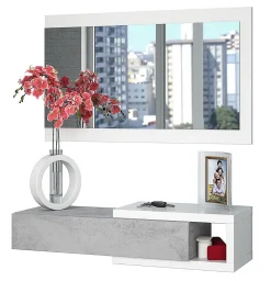 Meuble d'Entrée réversible avec Miroir et 1 Tiroir coloris blanc artic / ciment - 19 x 95 x 26 cm