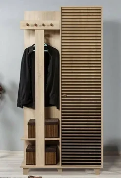 Meuble d'entrée Savina, Crochet d'entrée, Composition pour l'atrium, Console de rangement multifonction, 90x36h194 cm, Chêne
