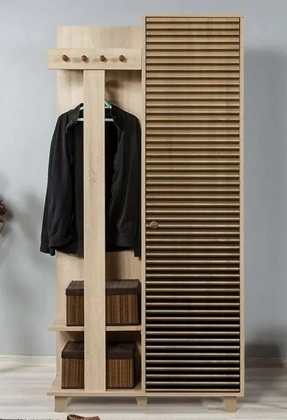 Meuble d'entrée Savina, Crochet d'entrée, Composition pour l'atrium, Console de rangement multifonction, 90x36h194 cm, Chêne